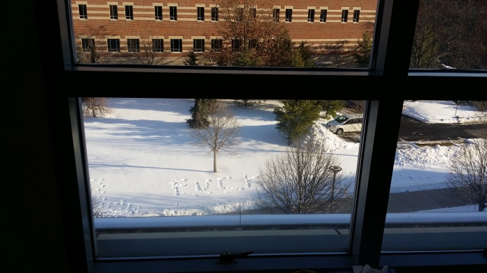 Studenten spelen ook in de sneeuw, hopelijk is het niet persoonlijk bedoeld