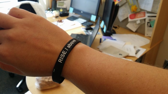 Slogan voor de Honor Code campagne: Rise Above. En iedereen kreeg een armbandje mee...