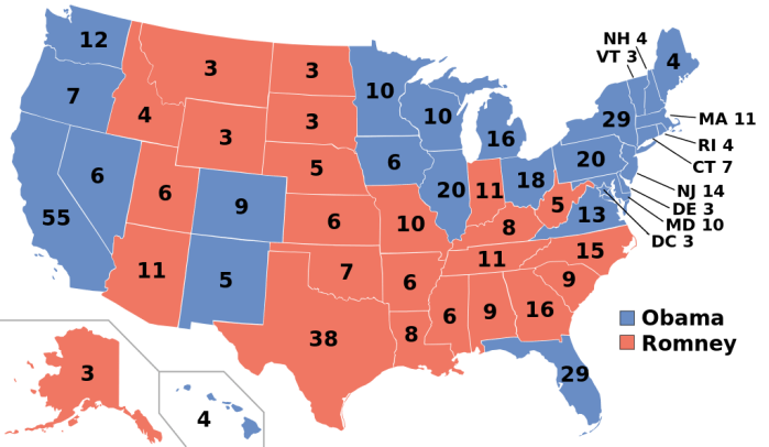 Verdeling van kiesmannen in Amerika in 2012 (Pennsylvania stemde op Obama) (van Wikipedia)