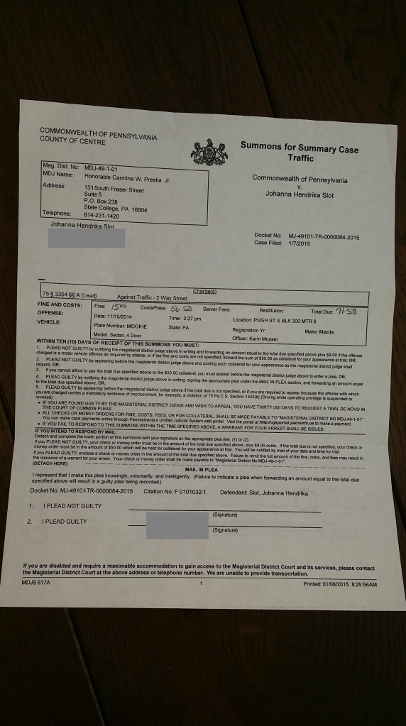 Mijn hele officiele dagvaarding... voor een miniparkeerboete van 15 dollar!