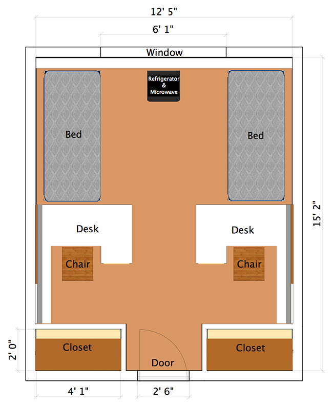 Een plattegrond van een typische studentenkamer in een 'dorm'