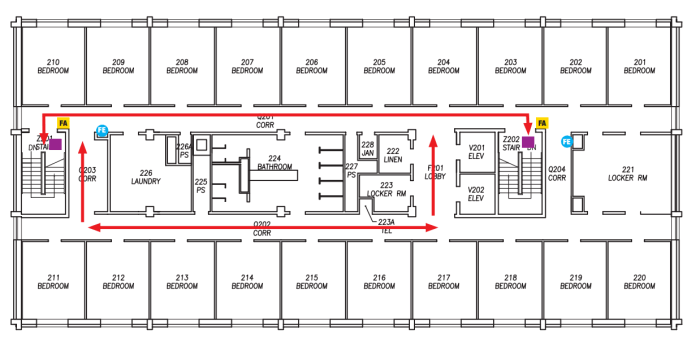 Een plattegrond van een verdieping van de dorms