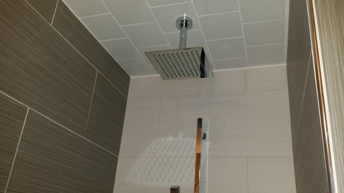 Een regendouche! Op een zeer strak getegeld plafond!