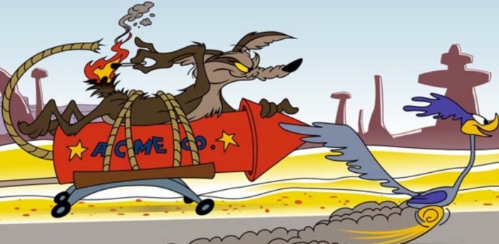 Wile E. Coyote die met z'n ACME raket de Roadrunner achterna gaat
