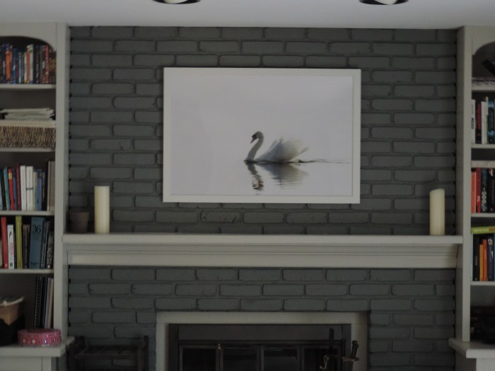 Witte zwaan op wit in een witte lijst boven de haard