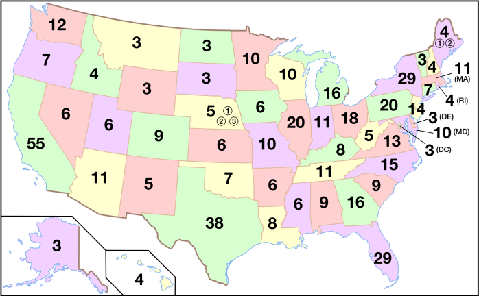Het electoral college van Amerika, in totaal 538 kiesmannen