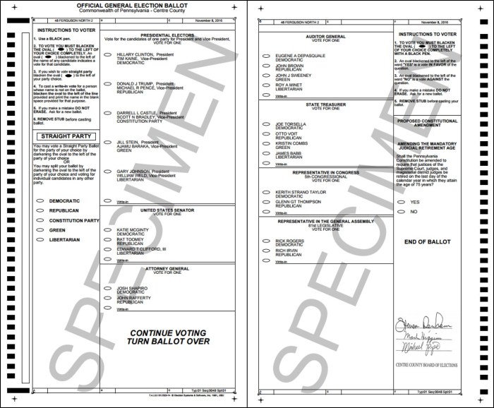 Een specimen stembiljet van onze county in Pennsylvania